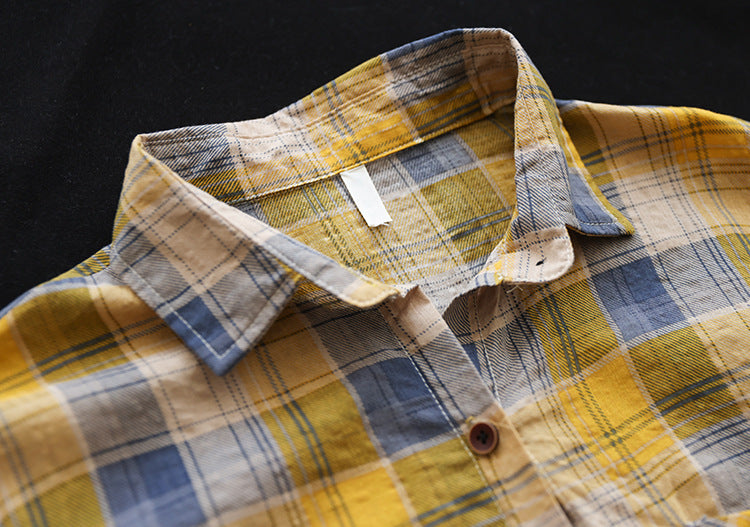 Cotton and linen long-sleeved plaid casual loose shirt