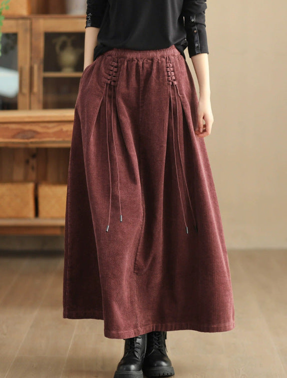 Cotton corduroy elastic waist vintage temperament skirt