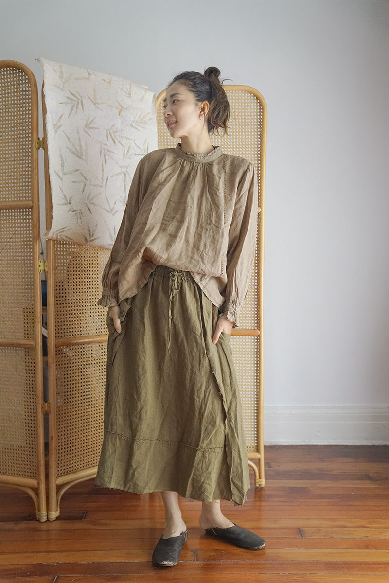 Original design vintage large pocket washed linen skirt