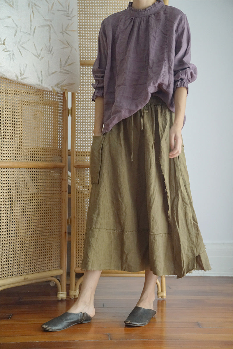 Original design vintage large pocket washed linen skirt
