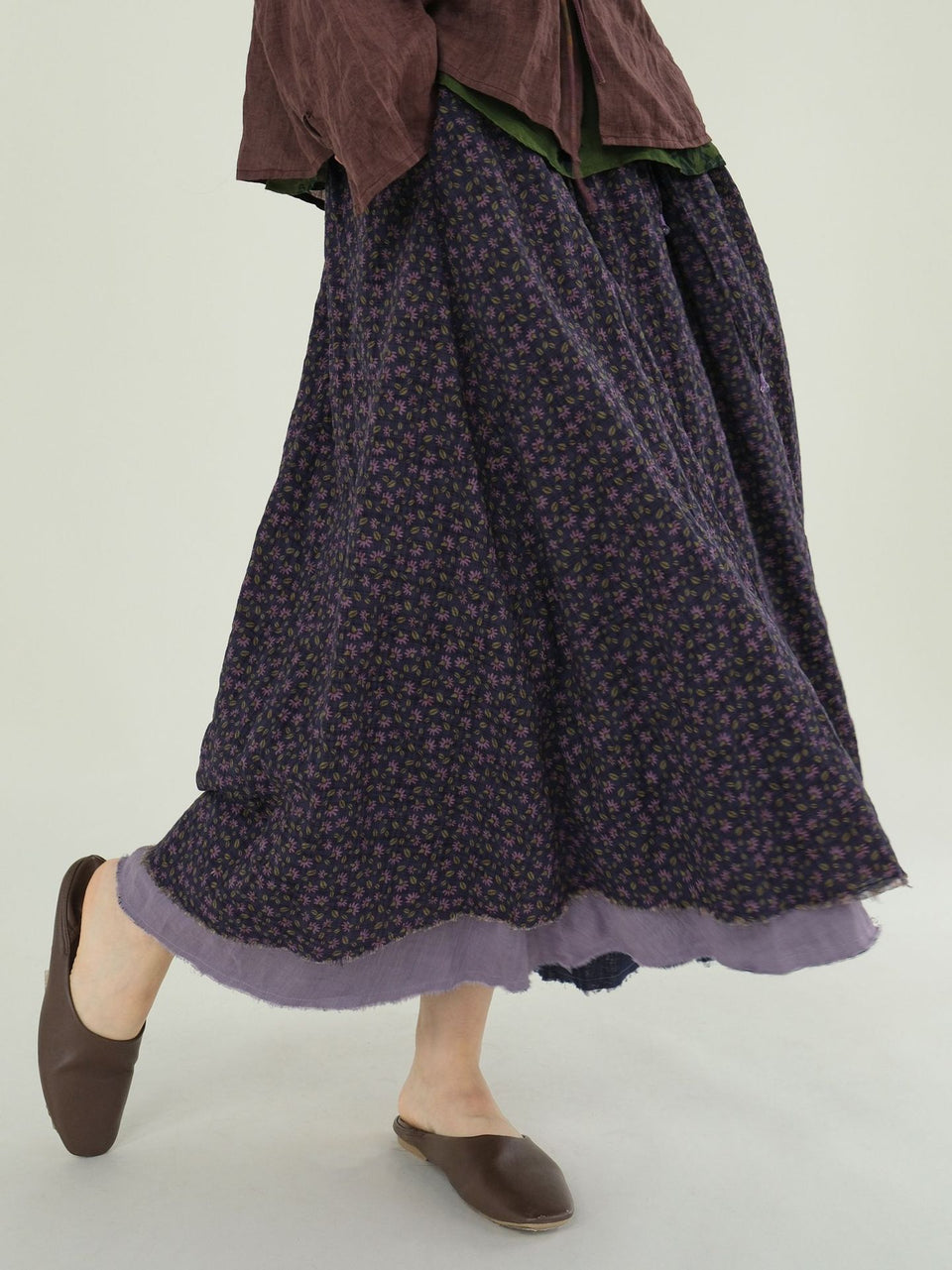 Original vintage art purple floral big swing double layer cotton skirt