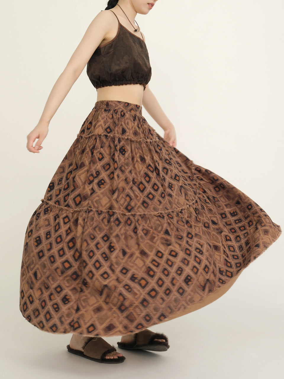 Original Design Vintage Print Double Layer Cotton Skirt Autumn/Winter Fur Skirt