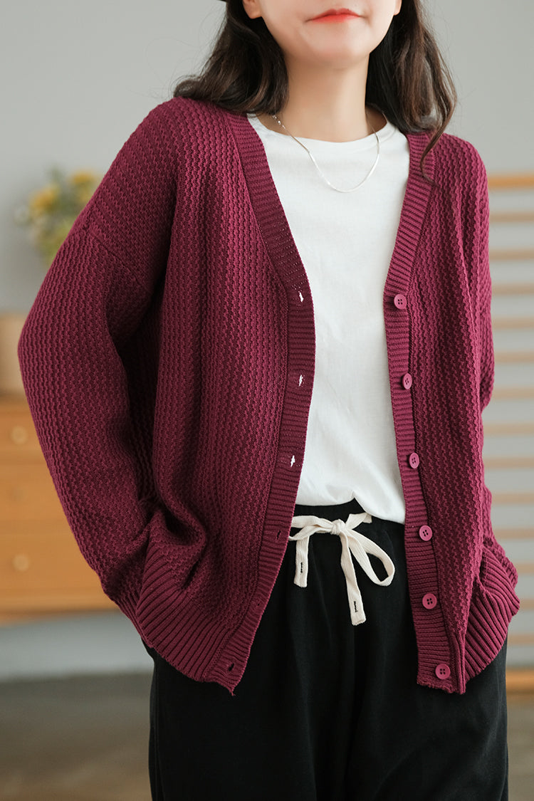 Pure cotton knitted sweater drop shoulder V-neck cardigan