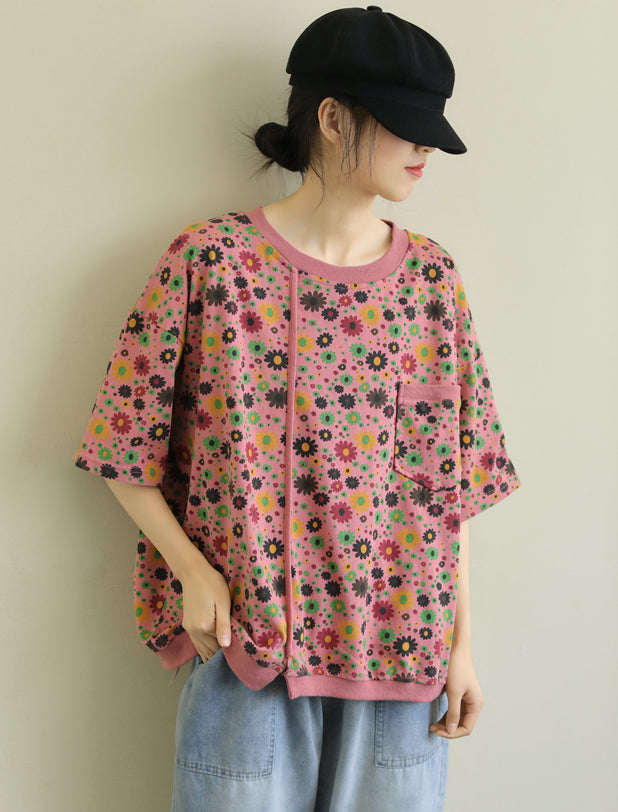 Pure cotton loose fit five-point sleeve printed floral round neck top