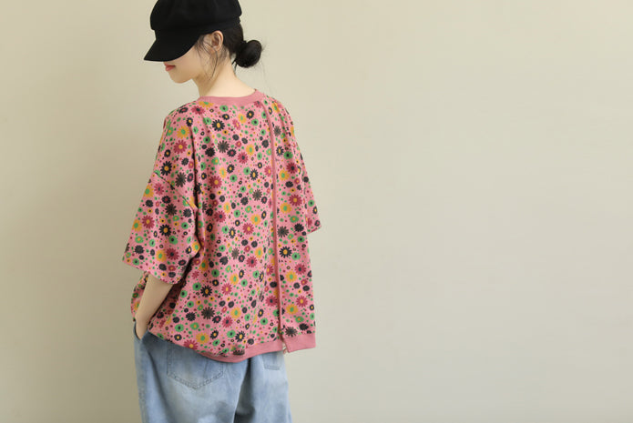 Pure cotton loose fit five-point sleeve printed floral round neck top