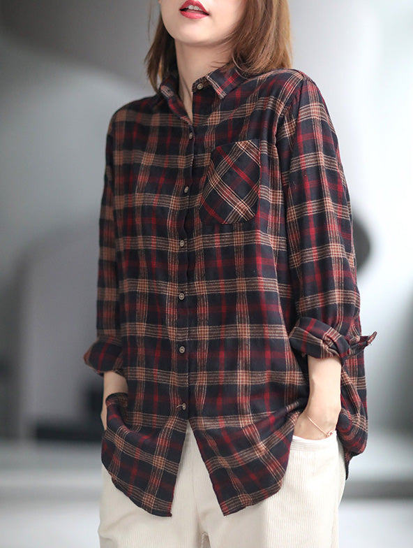 Retro casual loose fit brushed cotton plaid shirt
