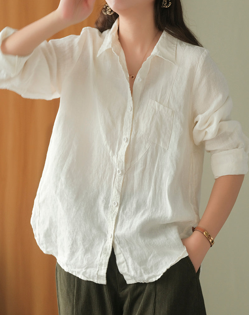 Pure washed linen solid color long sleeve simple design shirt