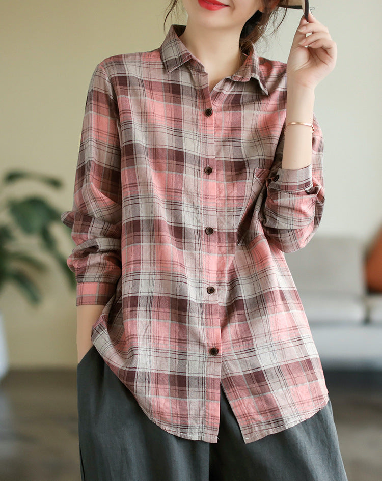 Cotton and linen long-sleeved plaid casual loose shirt