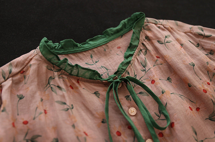 Retro floral ruffle collar lace ramie three-quarter sleeve top