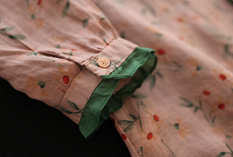 Retro floral ruffle collar lace ramie three-quarter sleeve top