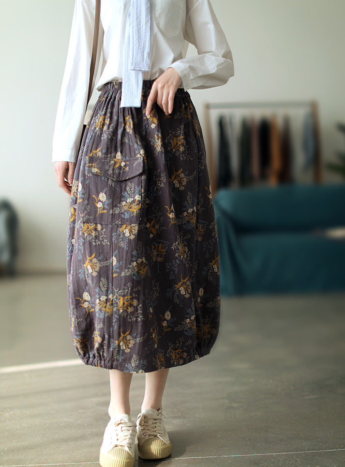 Cotton and linen print high waist all-match skirt