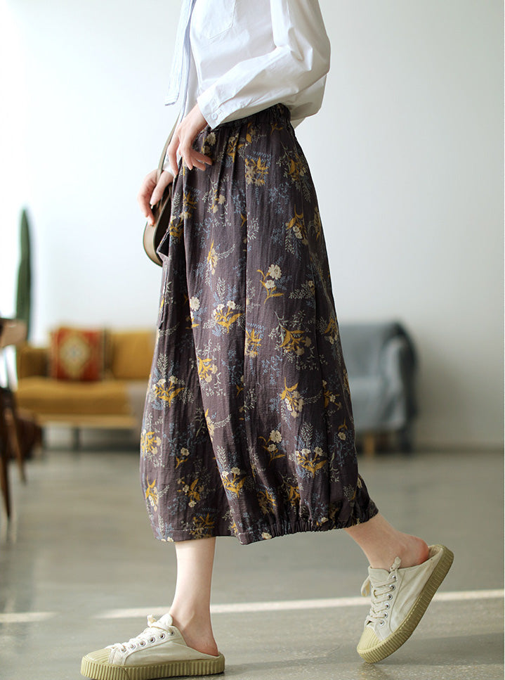 Cotton and linen print high waist all-match skirt
