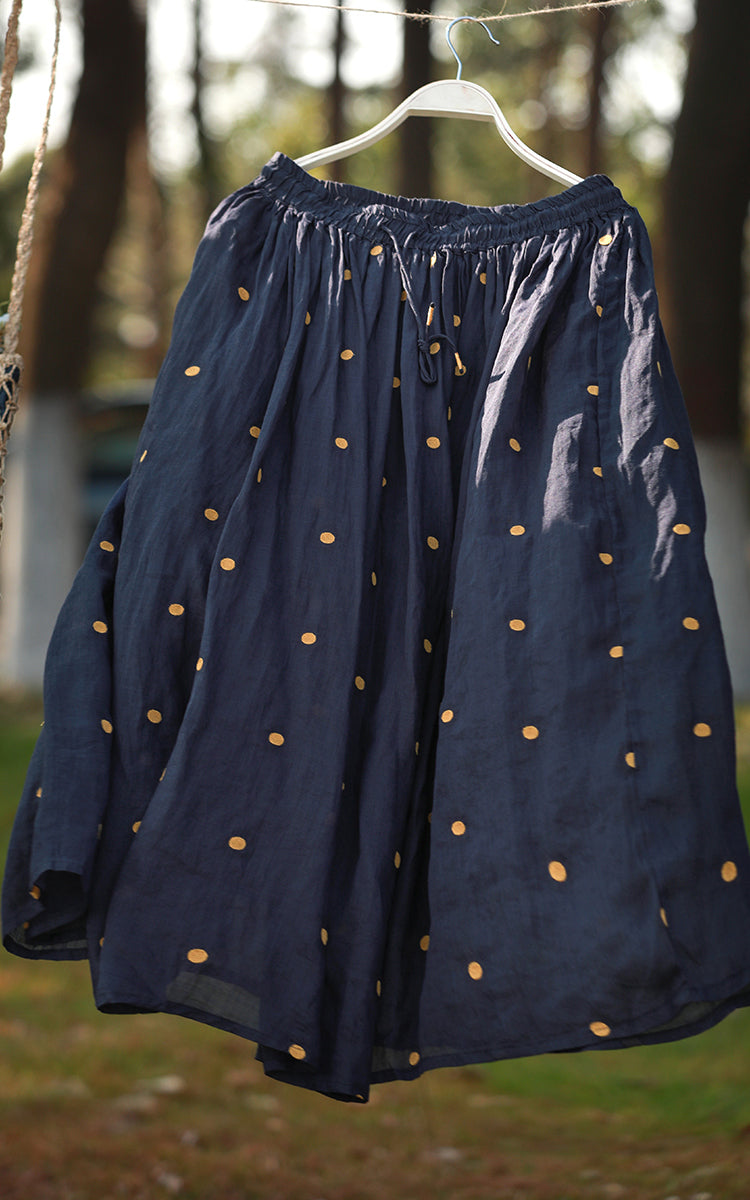 Fine Ramie Polka-dot Embroidered Elastic Waist Double layers Skirt