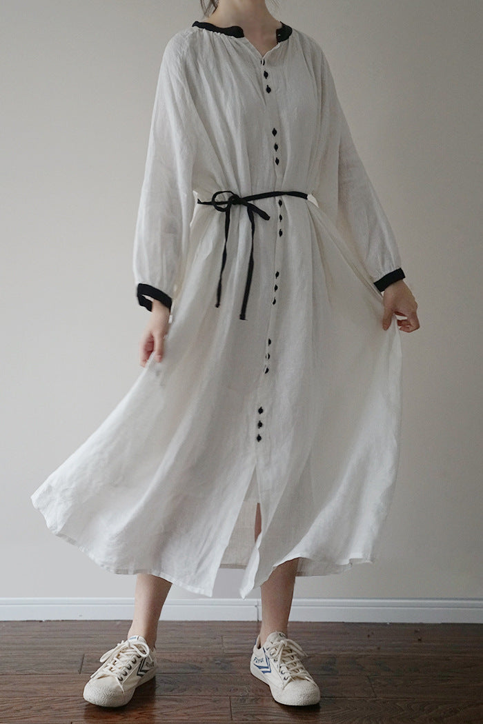 Original Design Washed Linen Color Block Stand Collar Dress