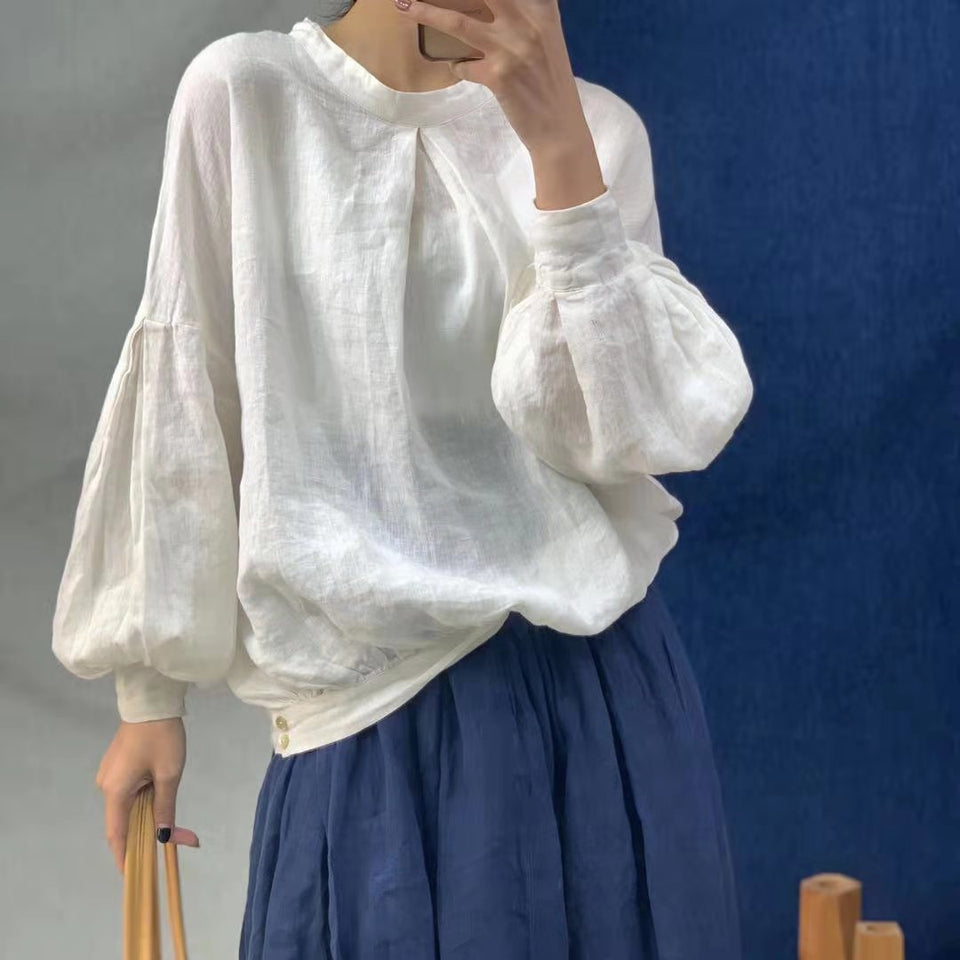 Pure linen loose fit drop shoulder puff sleeves blouse