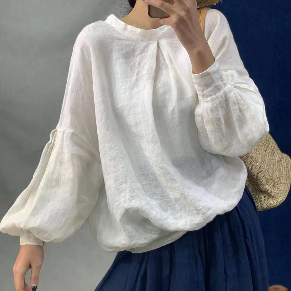 Pure linen loose fit drop shoulder puff sleeves blouse