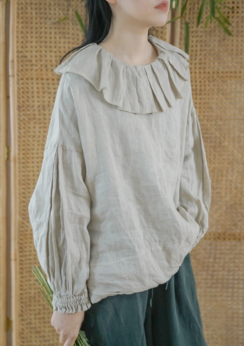 Pure linen pullover drop shoulder simple lotus leaf neckline blouse