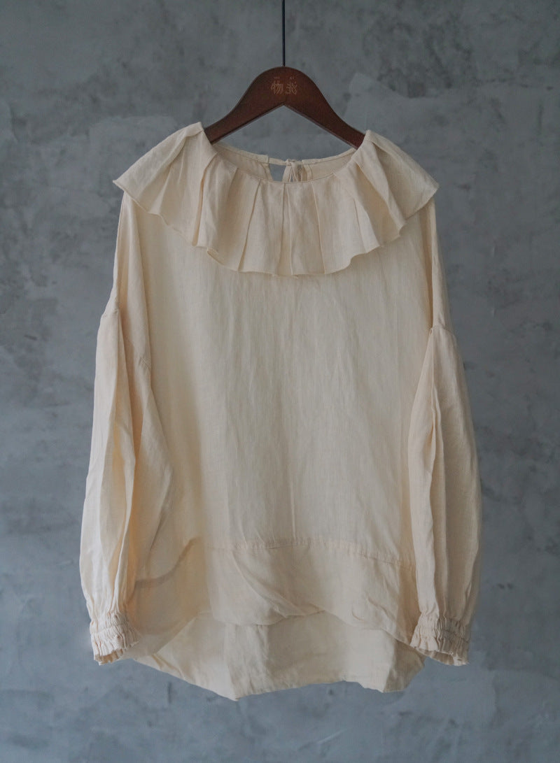Pure linen pullover drop shoulder simple lotus leaf neckline blouse