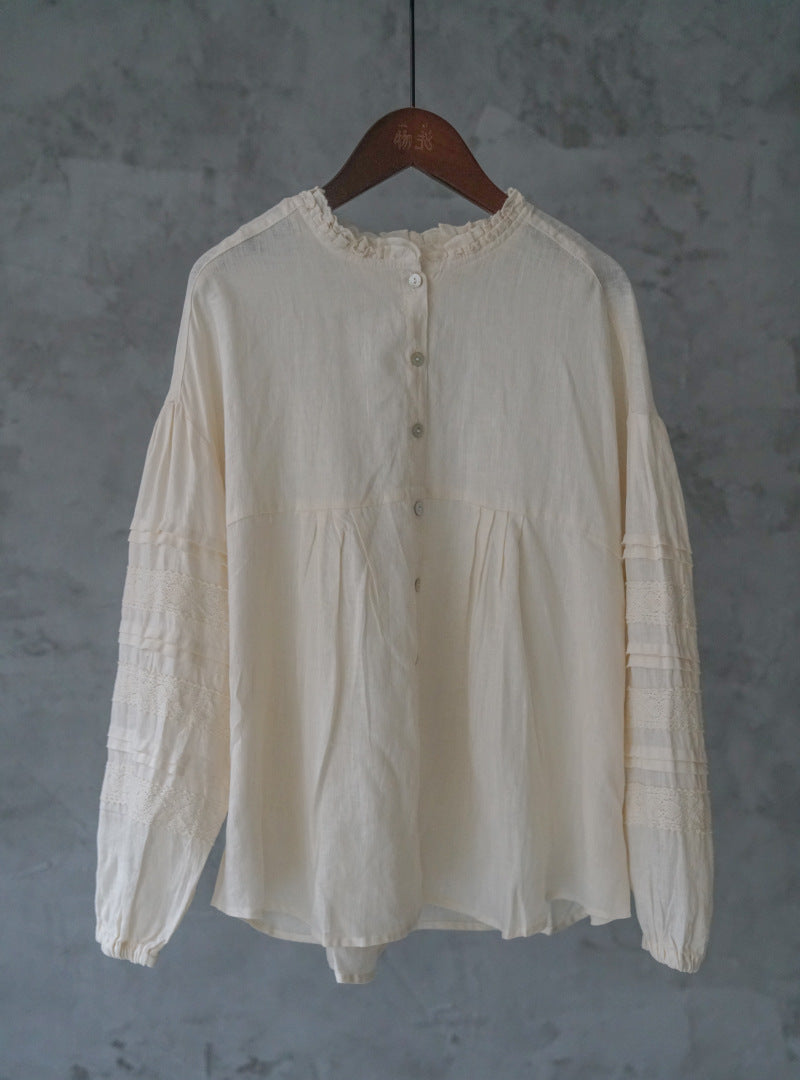 Pure linen loose fit drop shoulder cardigan lace sleeves blouse