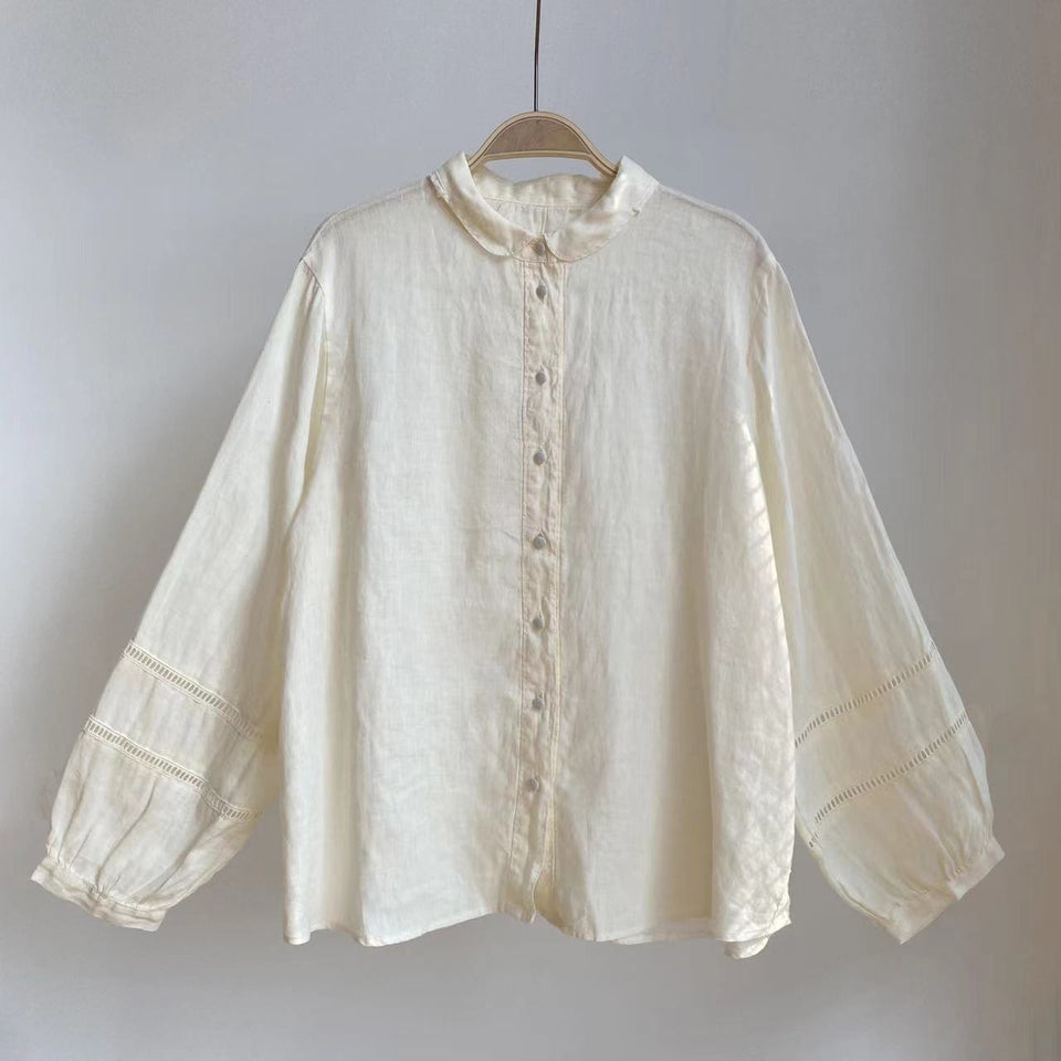 Linen long-sleeved small round collar retro sleeves lace shirt