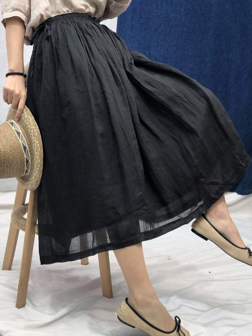 Pure washed ramie solid colour double layer elastic waist skirt