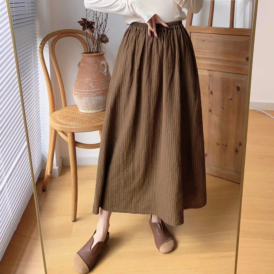 Retro elastic waist pleated cotton and linen strip skirt