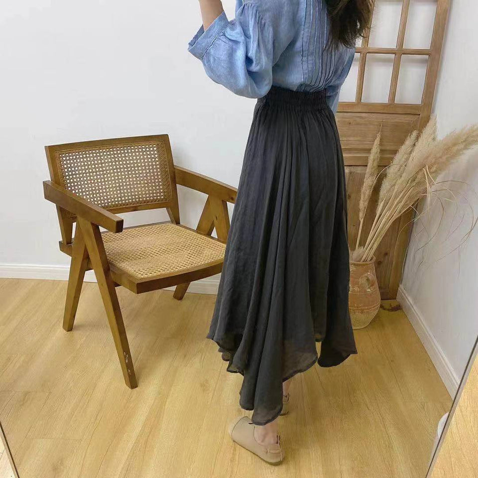 Pure linen mid-length irregular wide hem fishtail double layer skirt