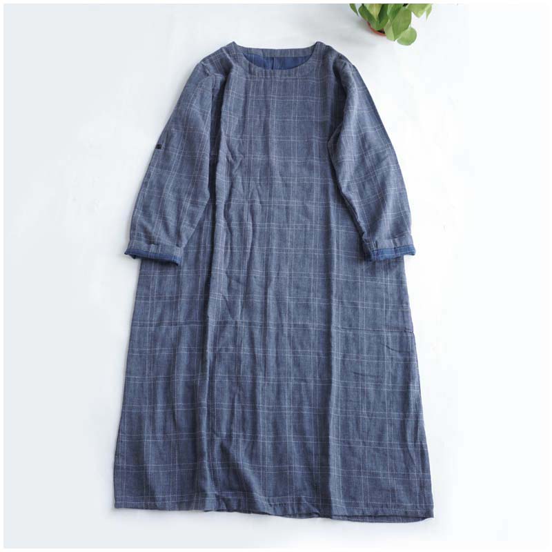 Basic round neck pure cotton double-layer yarn checked loose fit Mori dress