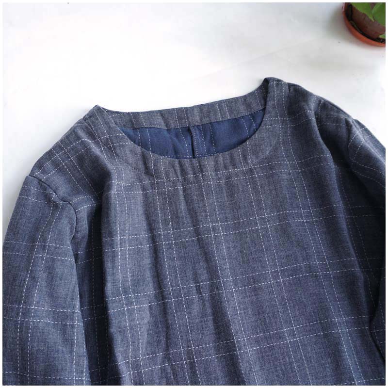 Basic round neck pure cotton double-layer yarn checked loose fit Mori dress