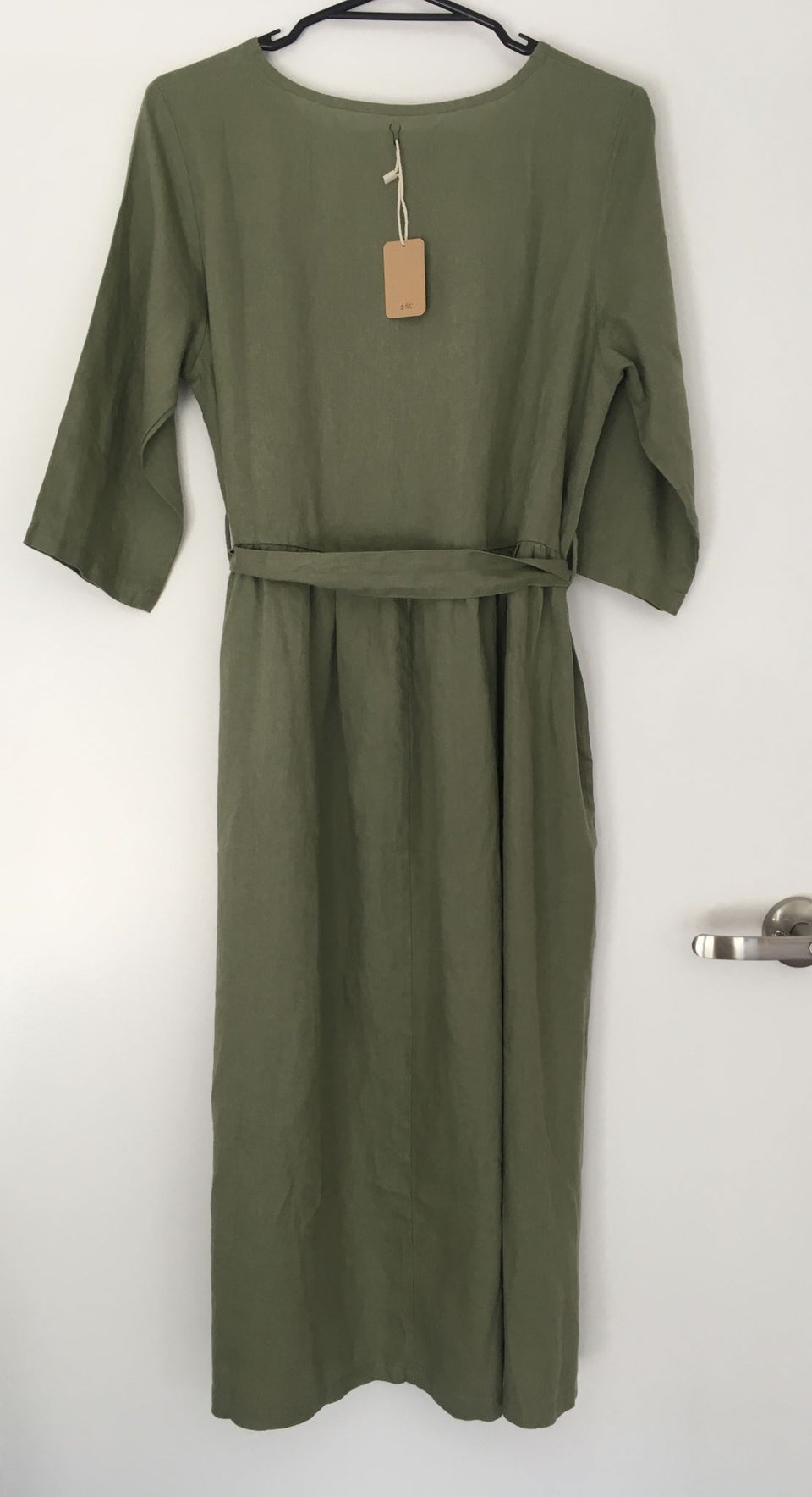 Mori style half sleeved pure linen waistband with pockets long dress