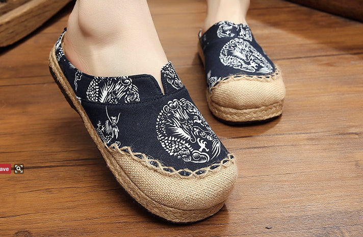 Linen shoes round head thick platform slippers