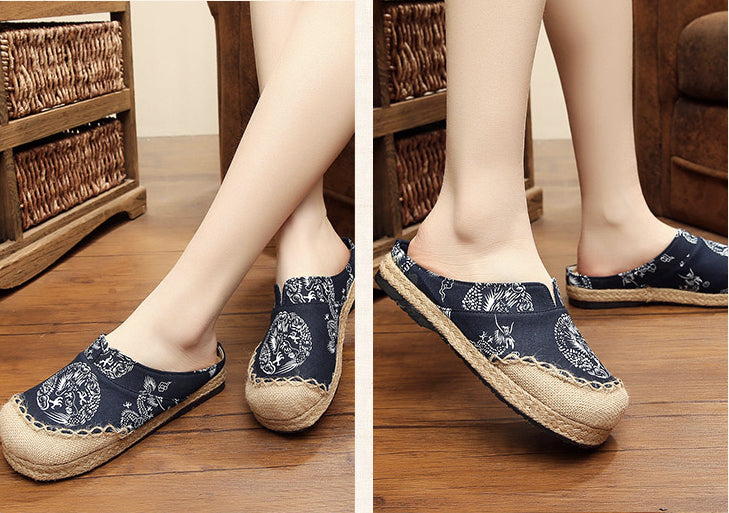 Linen shoes round head thick platform slippers