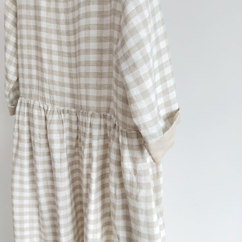 Pure linen yarn-dyed plaid mid-length three-quarter sleeve dress