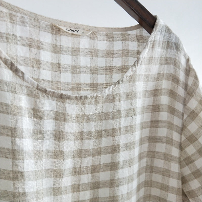 Pure linen yarn-dyed plaid mid-length three-quarter sleeve dress
