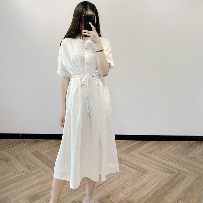 Stone washed pure linen five-point sleeve dress