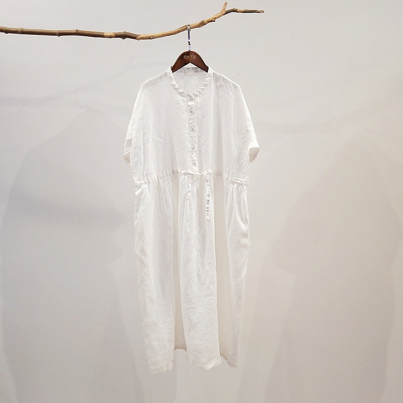 Stone washed pure linen five-point sleeve dress