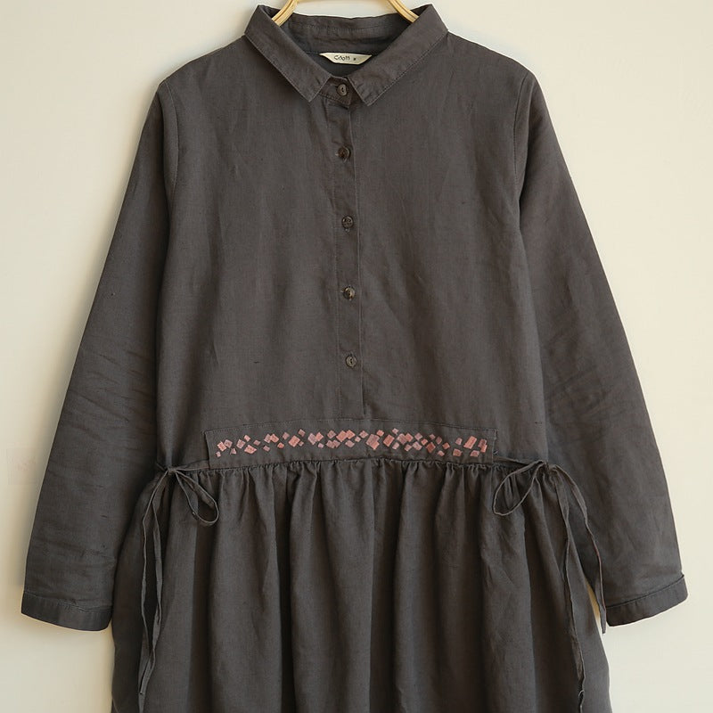 Cotton and Linen Waist Drawstring Embroidered Dress