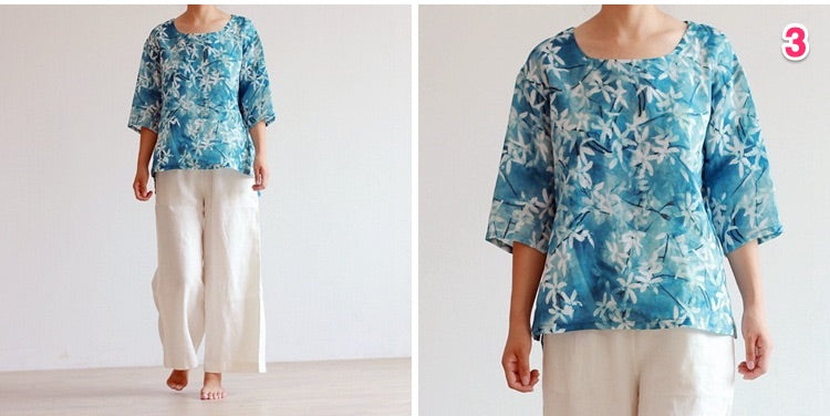 Pure linen printed half sleeve loose fit T-shirt