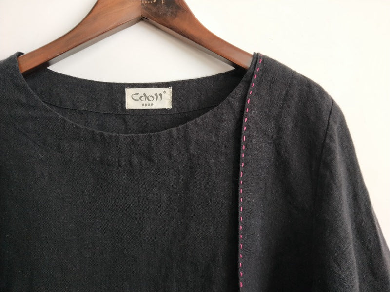 Pure linen stone-washed linen hand stitching edge round neck shirt