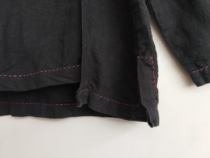 Pure linen stone-washed linen hand stitching edge round neck shirt
