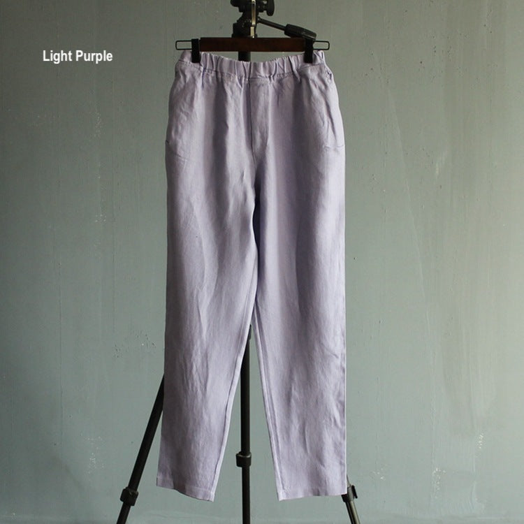 Pure linen pre-washed solid colour casual long pants