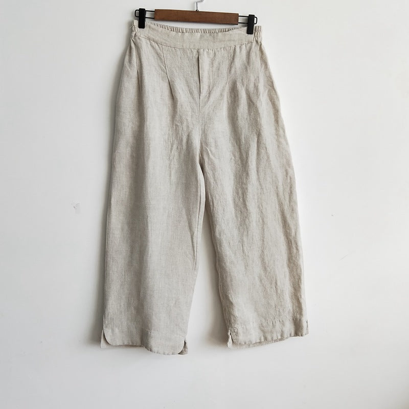 Pure linen stone washed linen OL fashion capri-pants