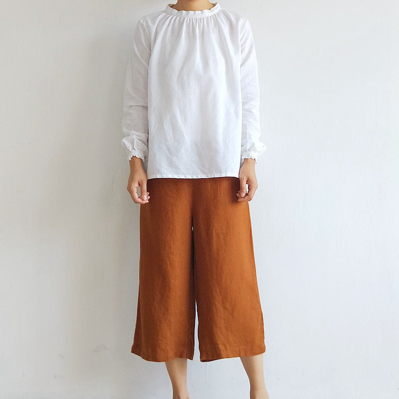 Pure linen straight pre-washed cropped pants
