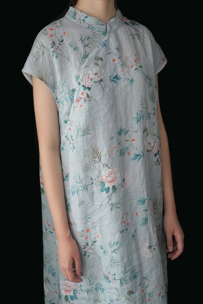 Vintage stand-up collar printed floral cheongsam dress