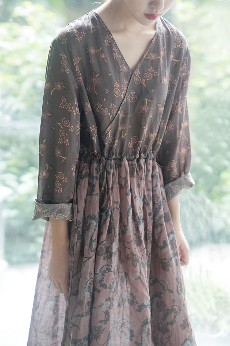 Pure rami oblique collar thin floral stitching  retro dress