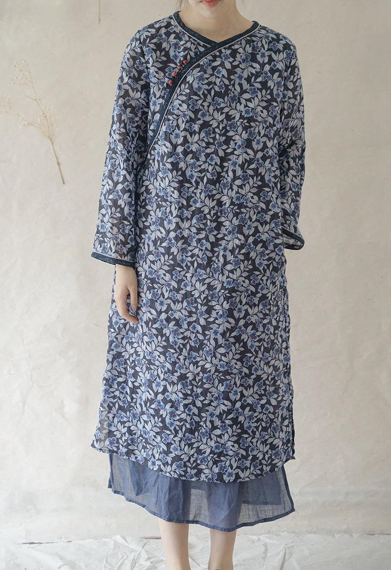 Original design slanted ramie double-layer retro long cheongsam dress