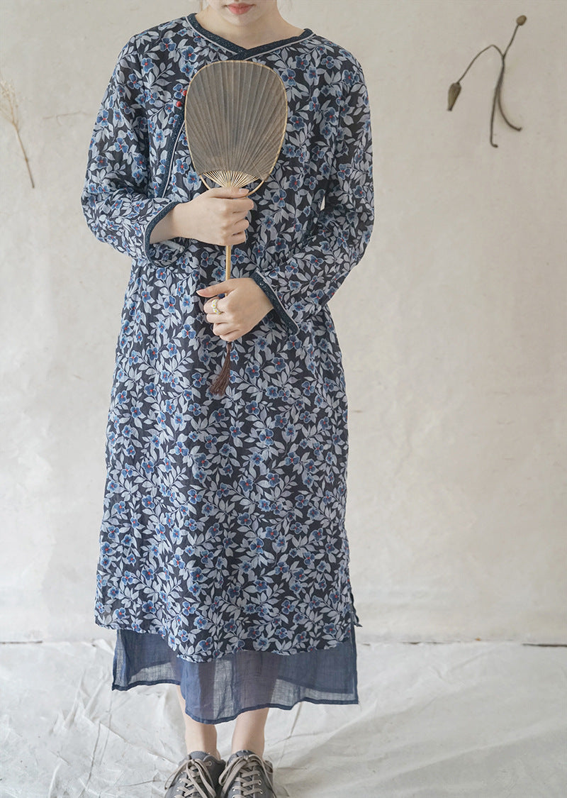 Original design slanted ramie double-layer retro long cheongsam dress