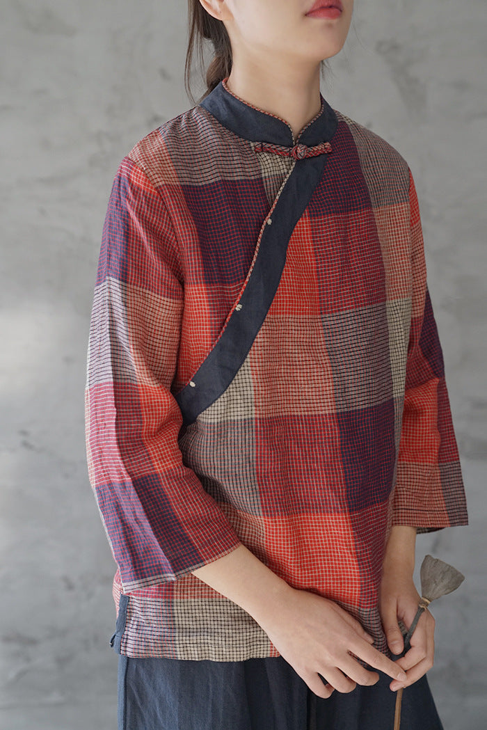 Pure linen yarn-dyed diagonal buckle check color block retro top