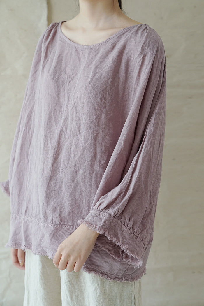 Pure linen raw-edged do-old large size boat neck blouse