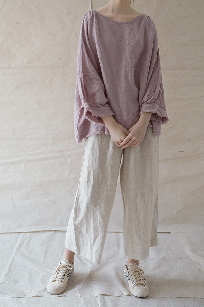 Pure linen raw-edged do-old large size boat neck blouse